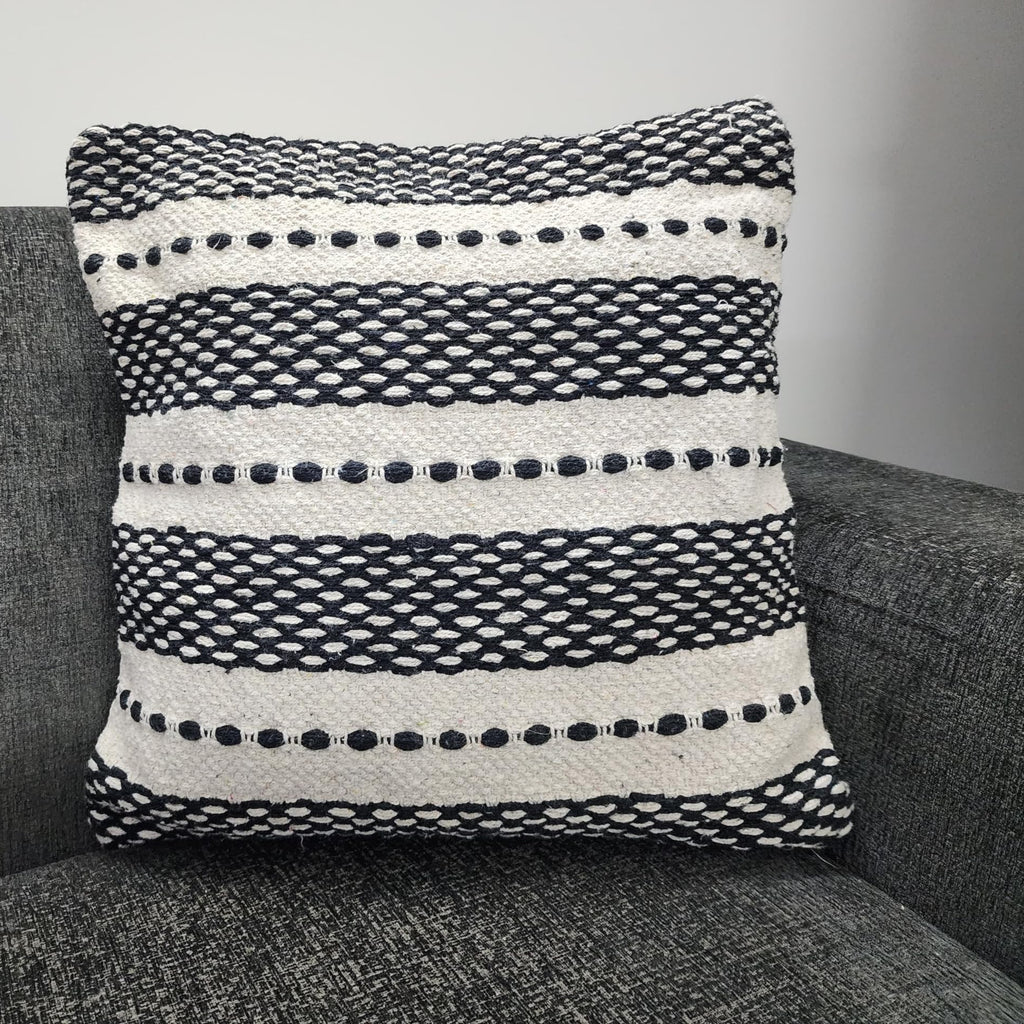 Black & Cream Striped Boho Cushion Cover Set – Textured Woven Decorative Throw Pillows for Sofa, Living Room & Bedroom (Pack of 2)