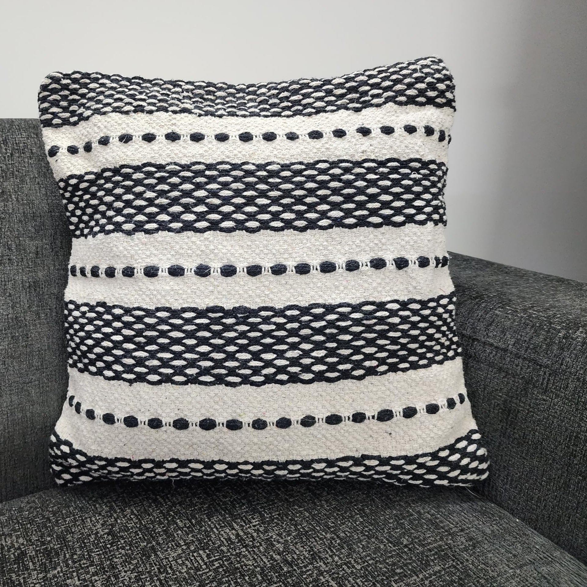 Black & Cream Striped Boho Cushion Cover Set – Textured Woven Decorative Throw Pillows for Sofa, Living Room & Bedroom (Pack of 2)