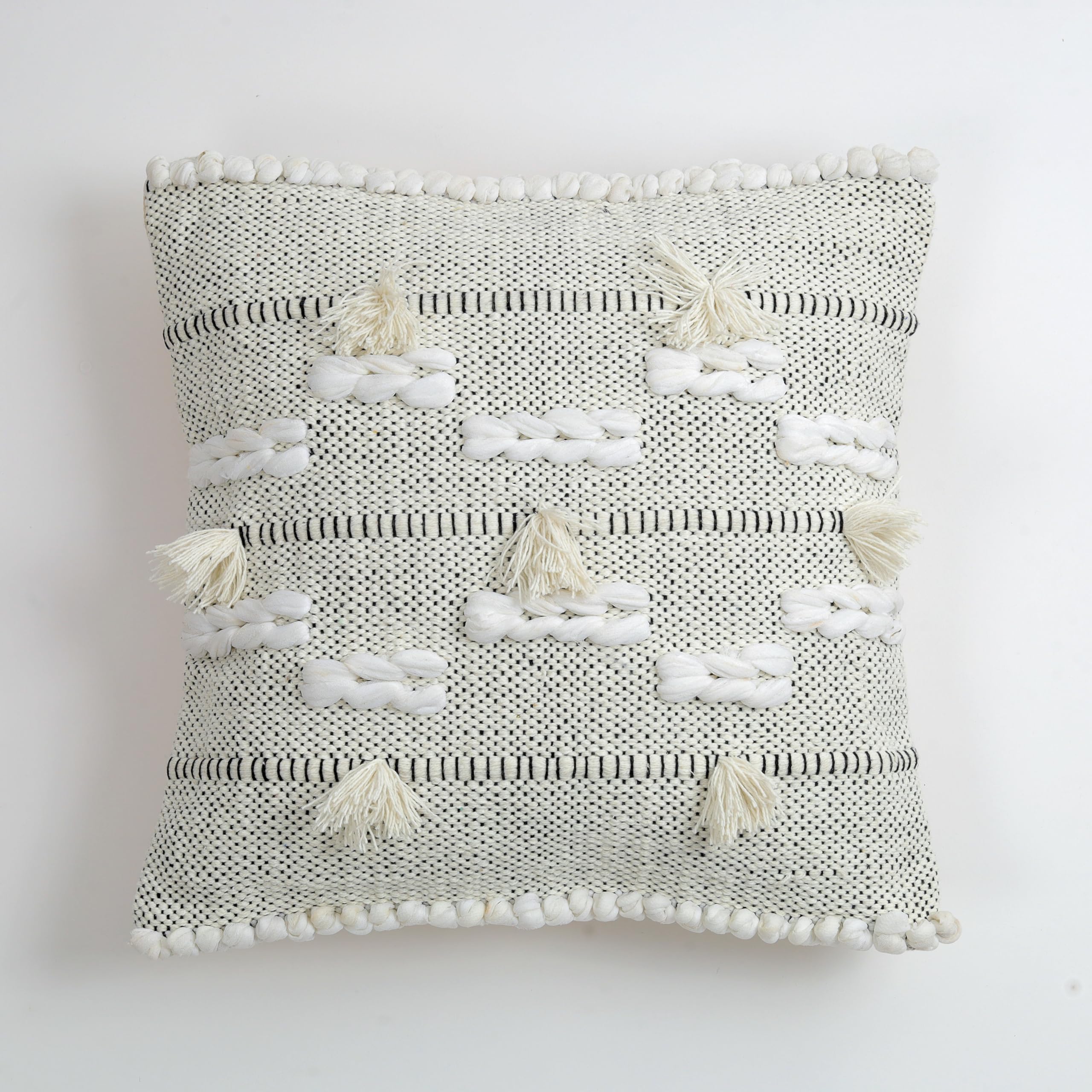 White Boho Textured Cushion Cover Set – Tufted Tassel Decorative Throw Pillows Cover Set for Sofa, Living Room & Bedroom (Pack of 2)