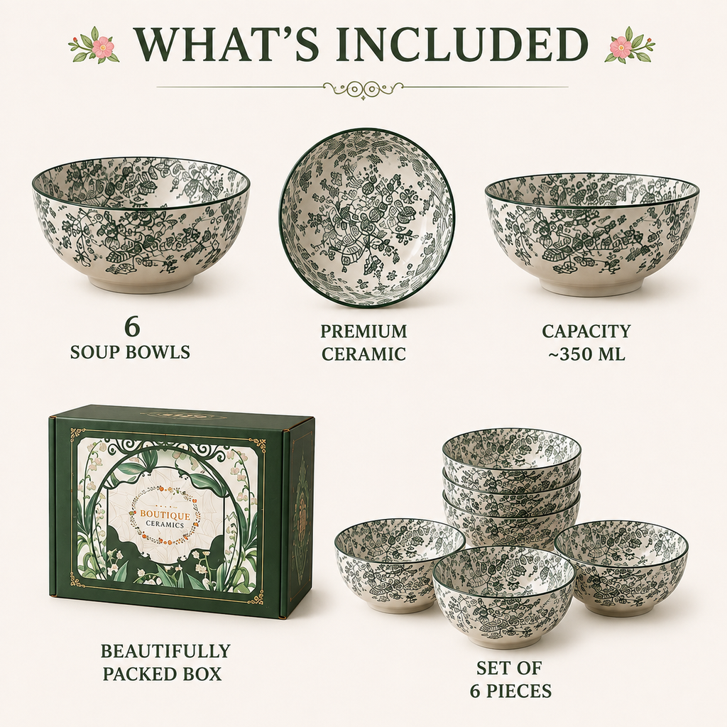 Boutique Ceramic Soup Bowl Set – Elegant Green Floral Bowls for Everyday Dining