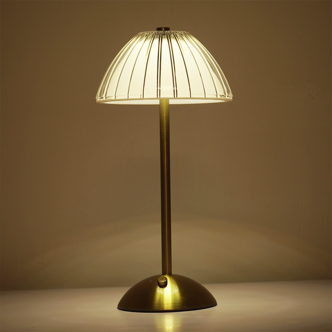 Modern Gold Table Lamp with Ribbed Dome Shade | Warm Ambient LED Desk Lamp for Bedroom & Living Room (Height: 37 cm, Width: 19 cm)