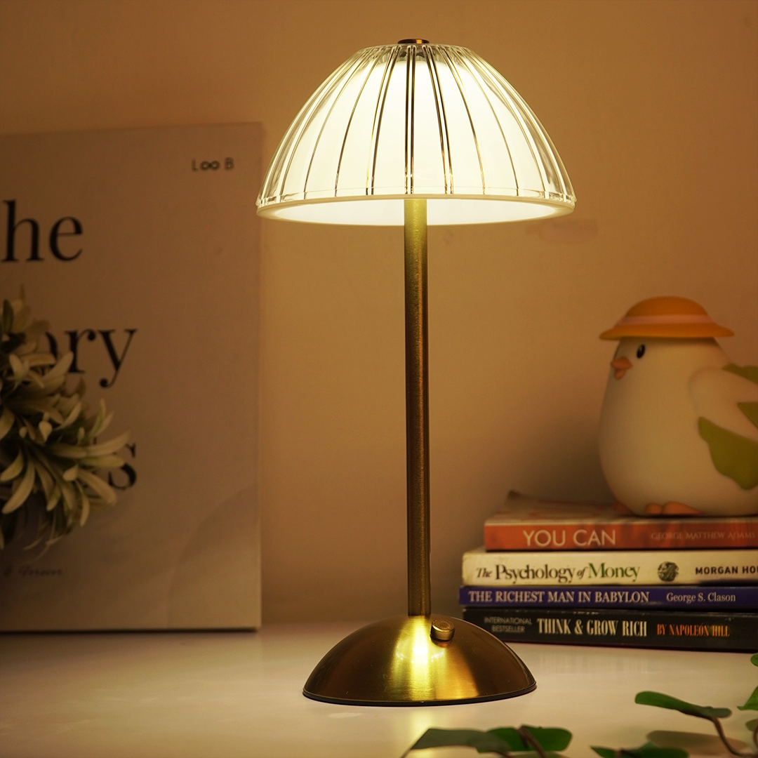 Modern Gold Table Lamp with Ribbed Dome Shade | Warm Ambient LED Desk Lamp for Bedroom & Living Room (Height: 37 cm, Width: 19 cm)
