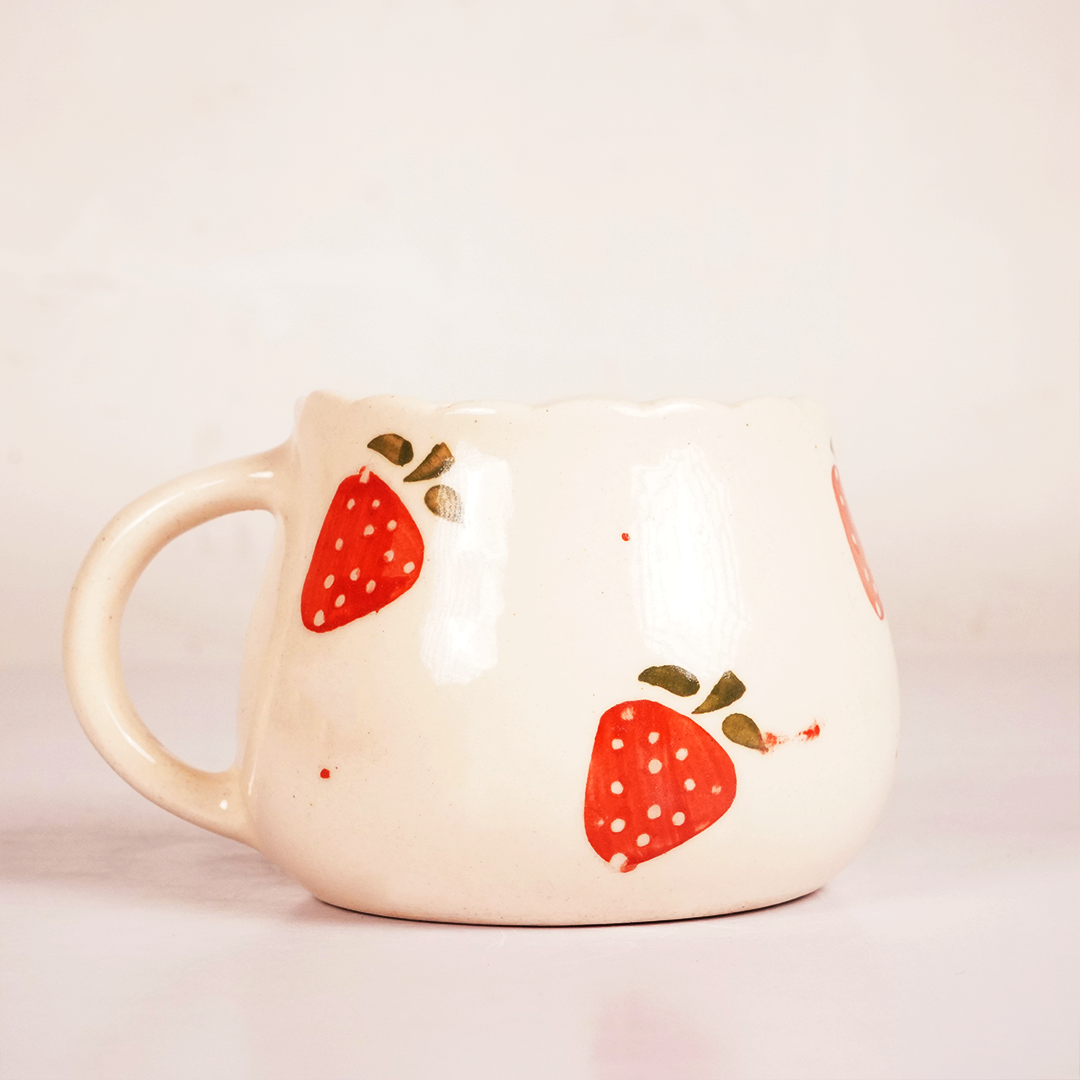 White Ceramic Strawberry Mug – Cute Fruit Print Coffee & Tea Cup