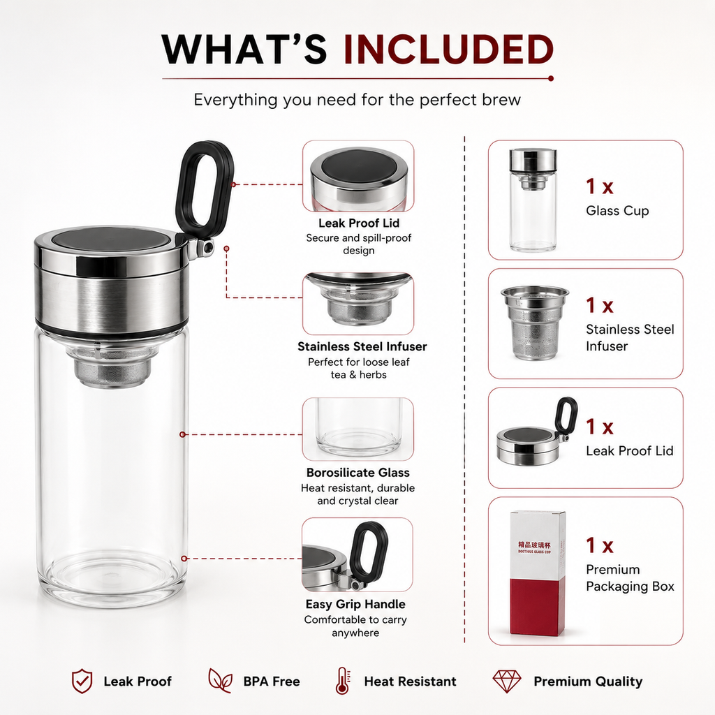 Glass Tea Infuser Cup with Stainless Steel Lid | Tea, Masala Chai & Herbal Infuser