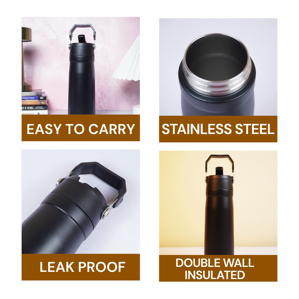 650ml Black Stainless Steel Water Bottle with Handle