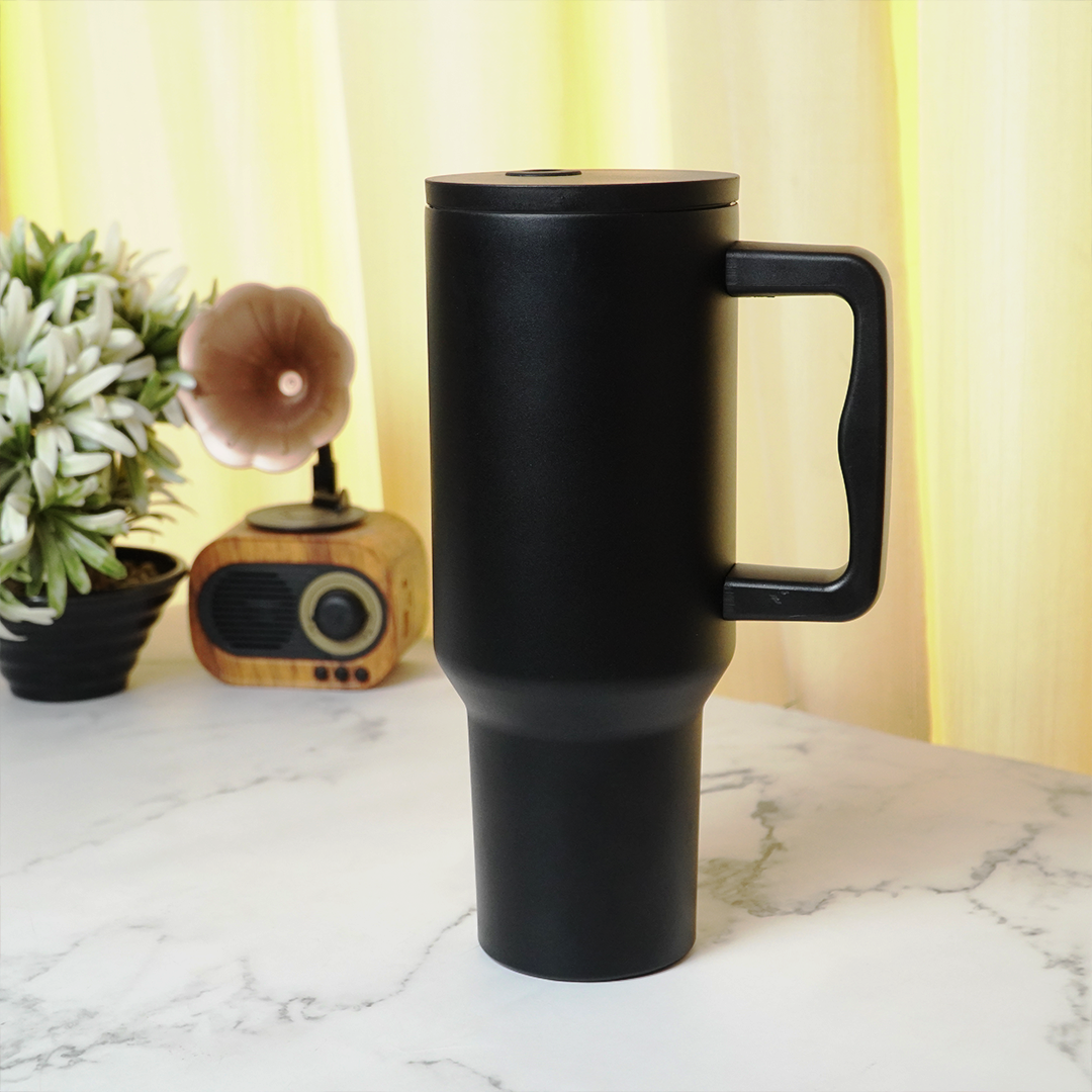Matte Black Insulated Travel Mug with Handle & Straw
