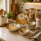 Floral Ceramic Dinnerware Set – Elegant Golden Floral Tableware for Dining & Serving