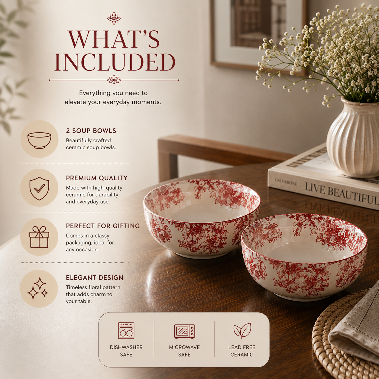 Vintage Floral Ceramic Soup Bowl Set of 6 Red Flower Print Serving & Snack Bowls