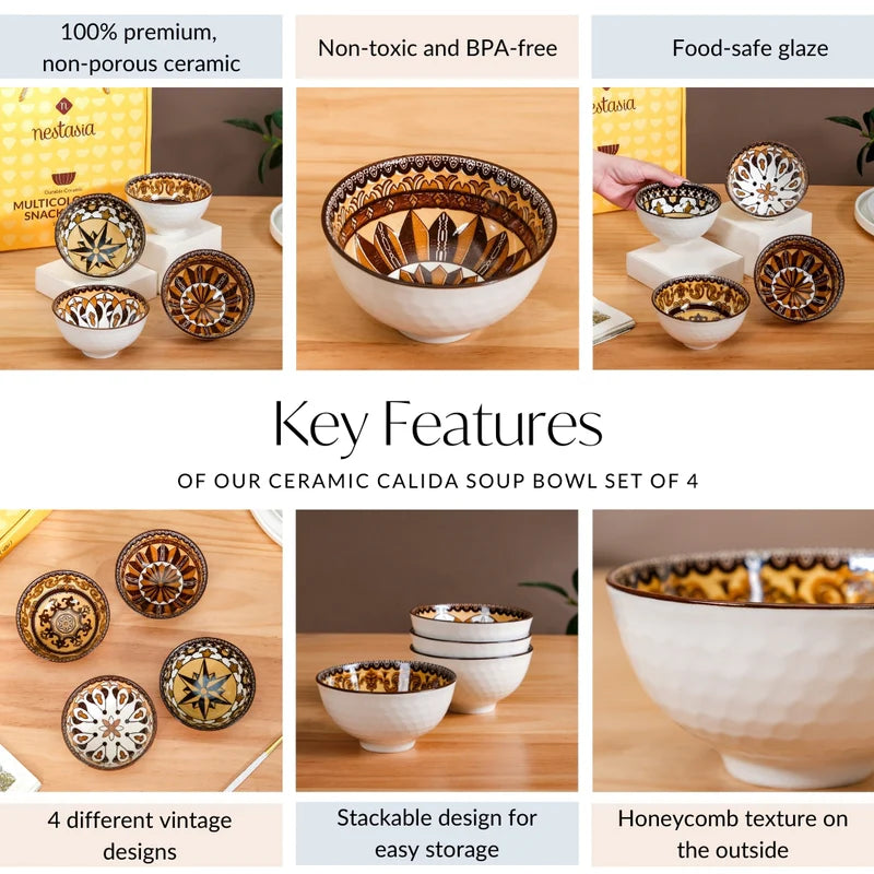 Hand-Painted Style Ceramic Bowl Set of 4 – Moroccan Inspired Decorative Serving & Snack Bowls