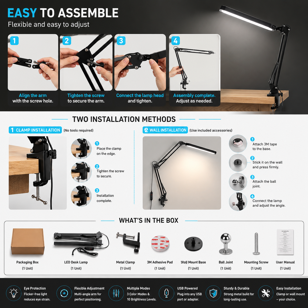 Adjustable LED Monitor Desk Lamp | USB Clamp Light