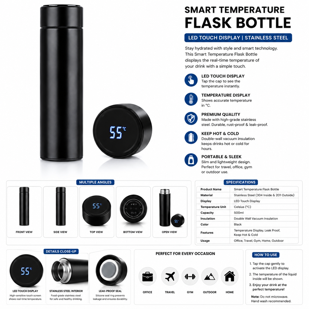 Smart Temperature Display Water Bottle 500ml – Multicolor