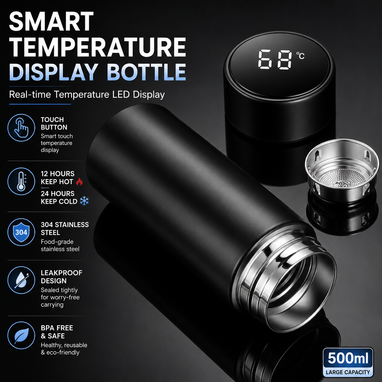 Smart Temperature Display Water Bottle 500ml – Multicolor