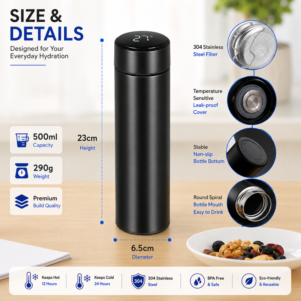 Smart Temperature Display Water Bottle 500ml – Multicolor