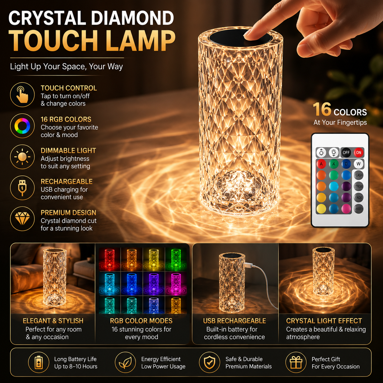 Crystal Diamond Touch Table Lamp RGB