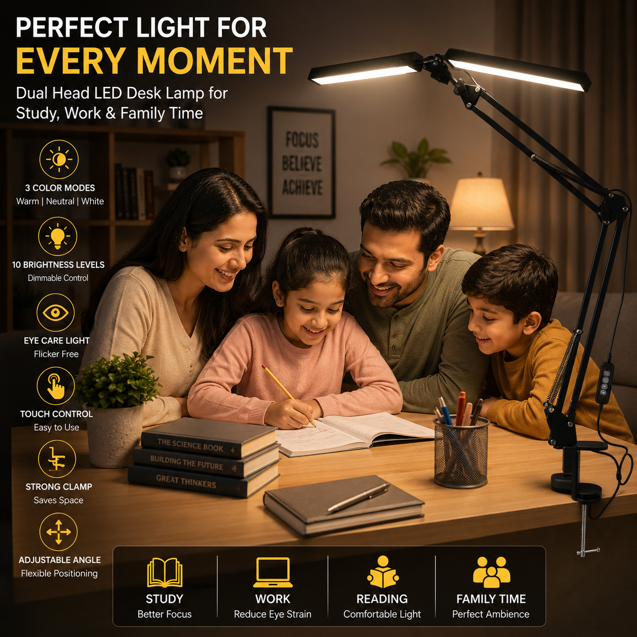 Double Head LED Desk Lamp with Clamp
