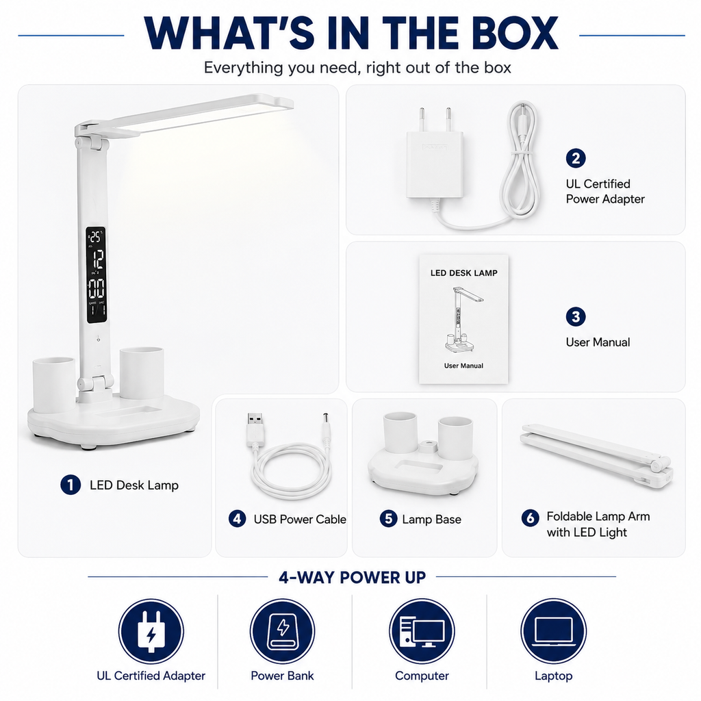 LED Desk Lamp with Clock & Pen Holder
