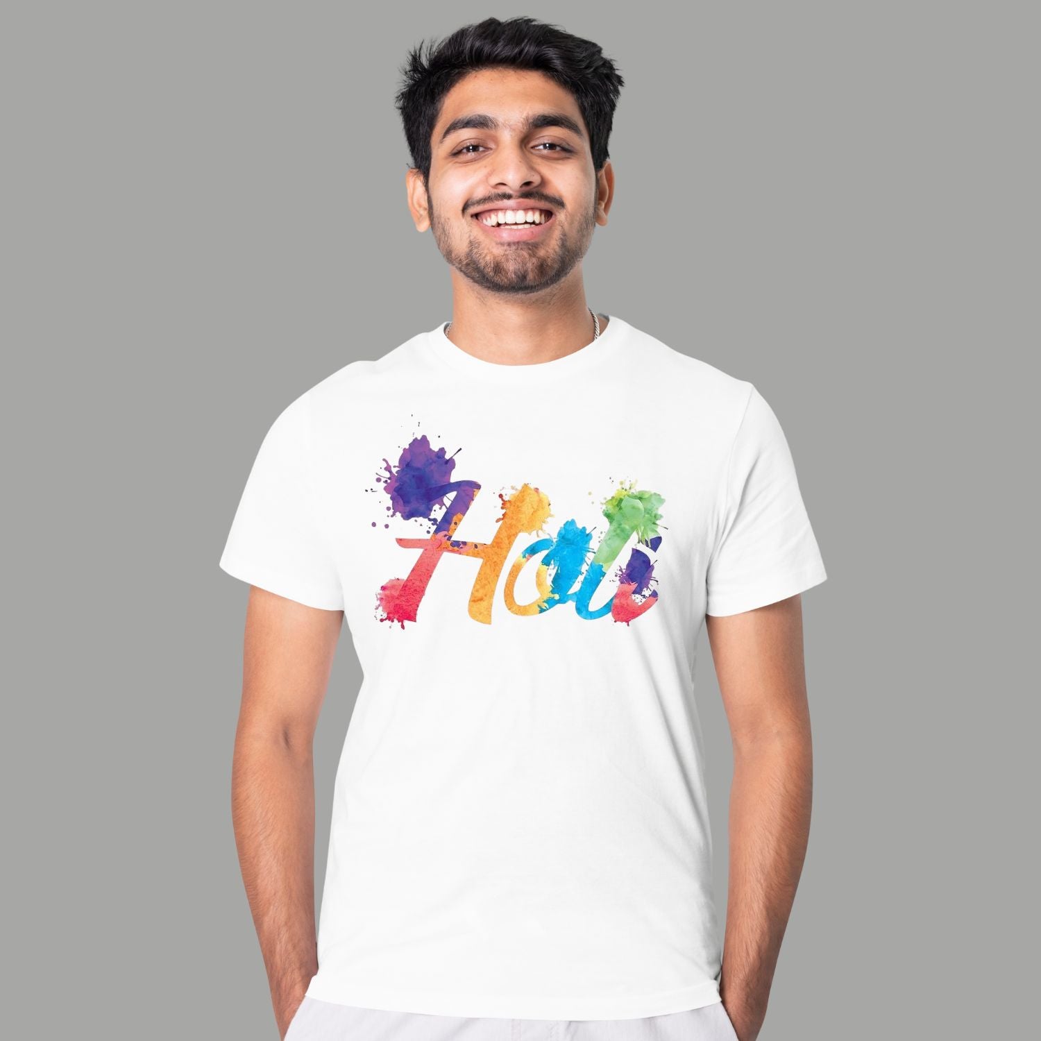 Unisex Holi Color Splash Printed White T-Shirt | Festival Graphic Cotton Tee for Men & Women