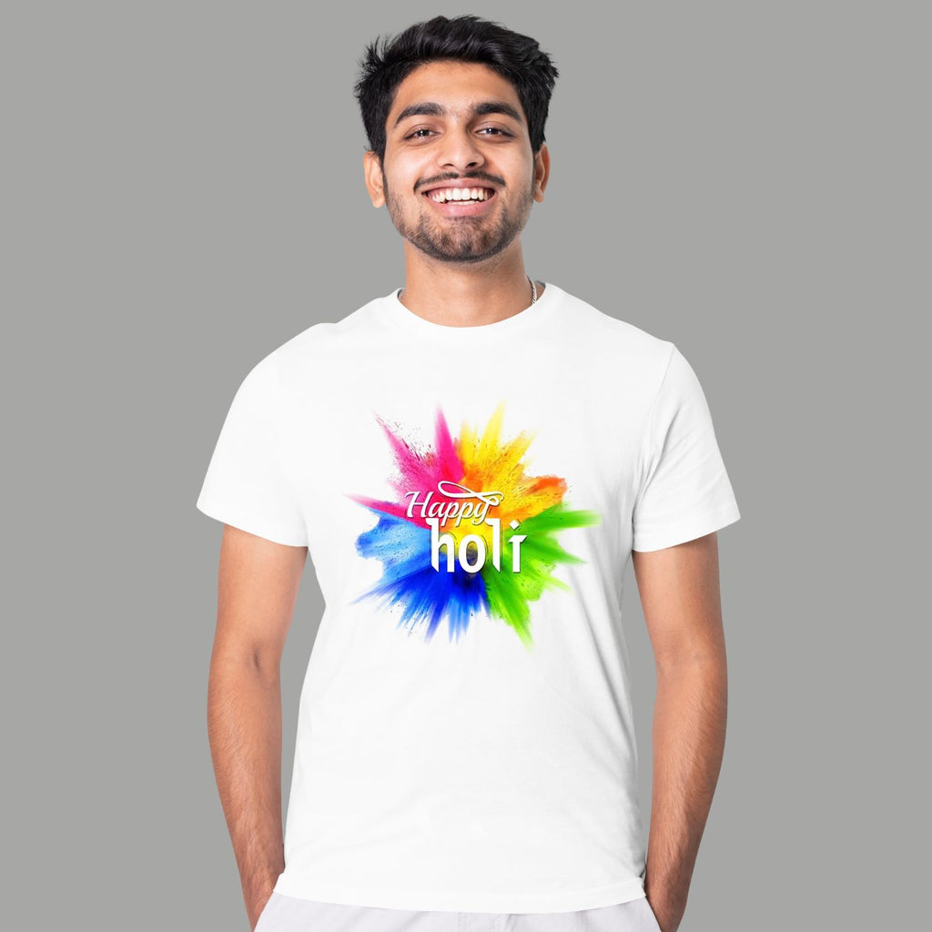 Happy Holi Color Splash Printed White Cotton T-Shirt | Unisex Festive Holi Wear for Men & Women