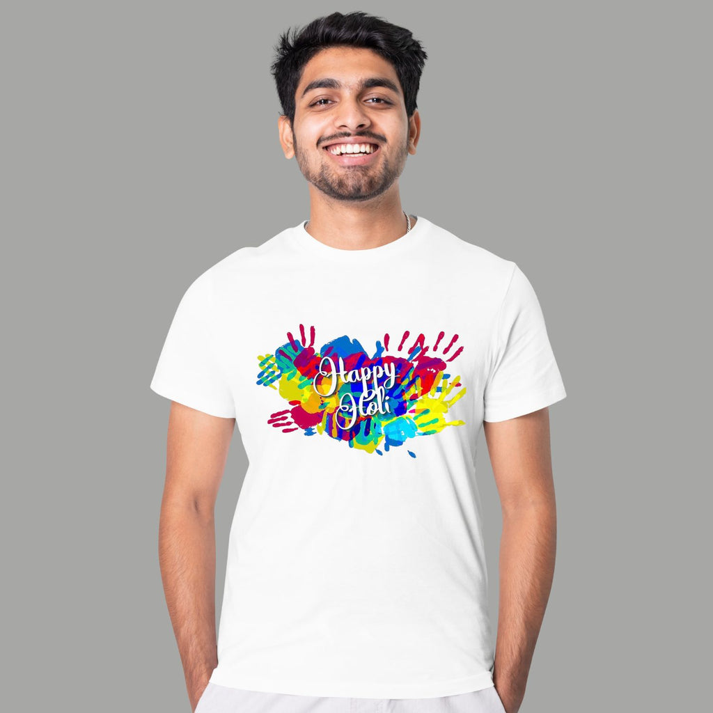 Happy Holi Printed White Cotton T-Shirt for Men & Women | Colorful Festival Graphic Holi Tee | Soft Comfortable Casual Wear