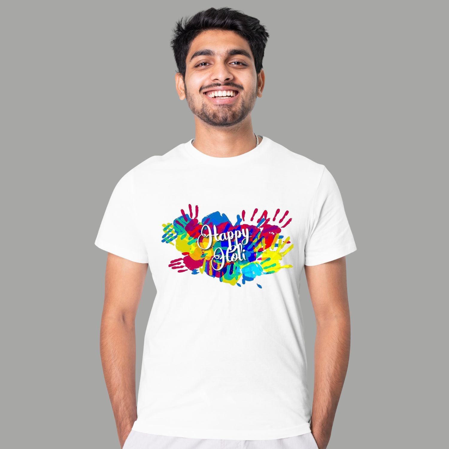 Happy Holi Printed White Cotton T-Shirt for Men & Women | Colorful Festival Graphic Holi Tee | Soft Comfortable Casual Wear