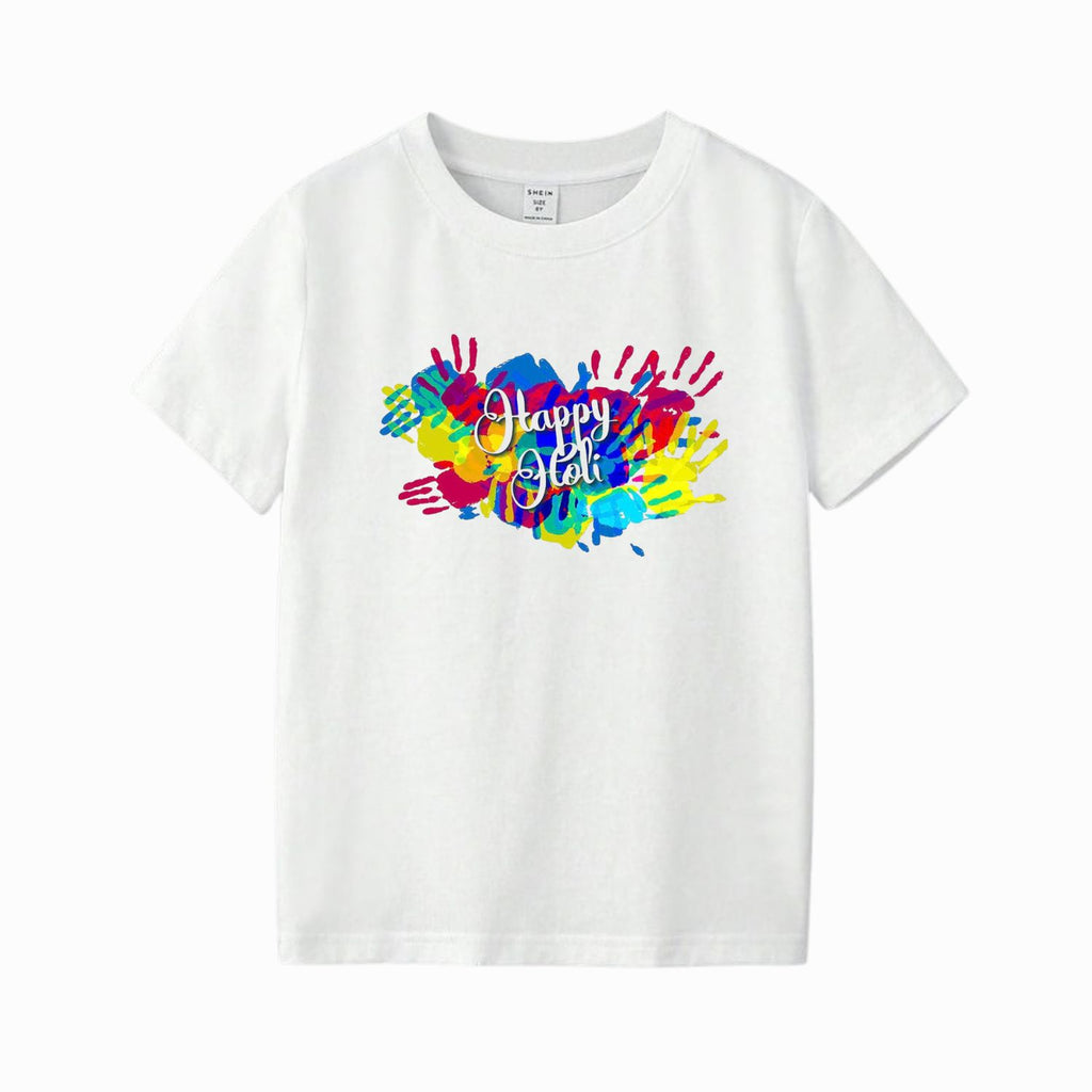 Happy Holi Printed White Cotton T-Shirt for Men & Women | Colorful Festival Graphic Holi Tee | Soft Comfortable Casual Wear