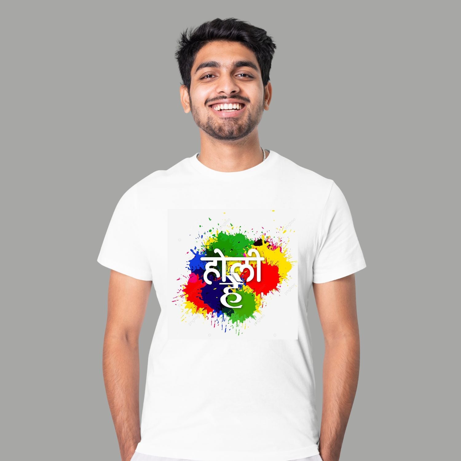 Holi Hai Printed White Cotton T-Shirt for Men & Women | Color Splash Festival Graphic Tee | Comfortable Unisex Holi Wear
