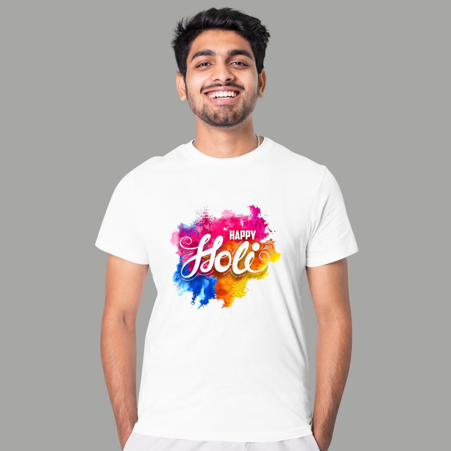 Happy Holi Color Splash White T-Shirt for Men & Women | Premium Cotton Festive Holi Printed Tee