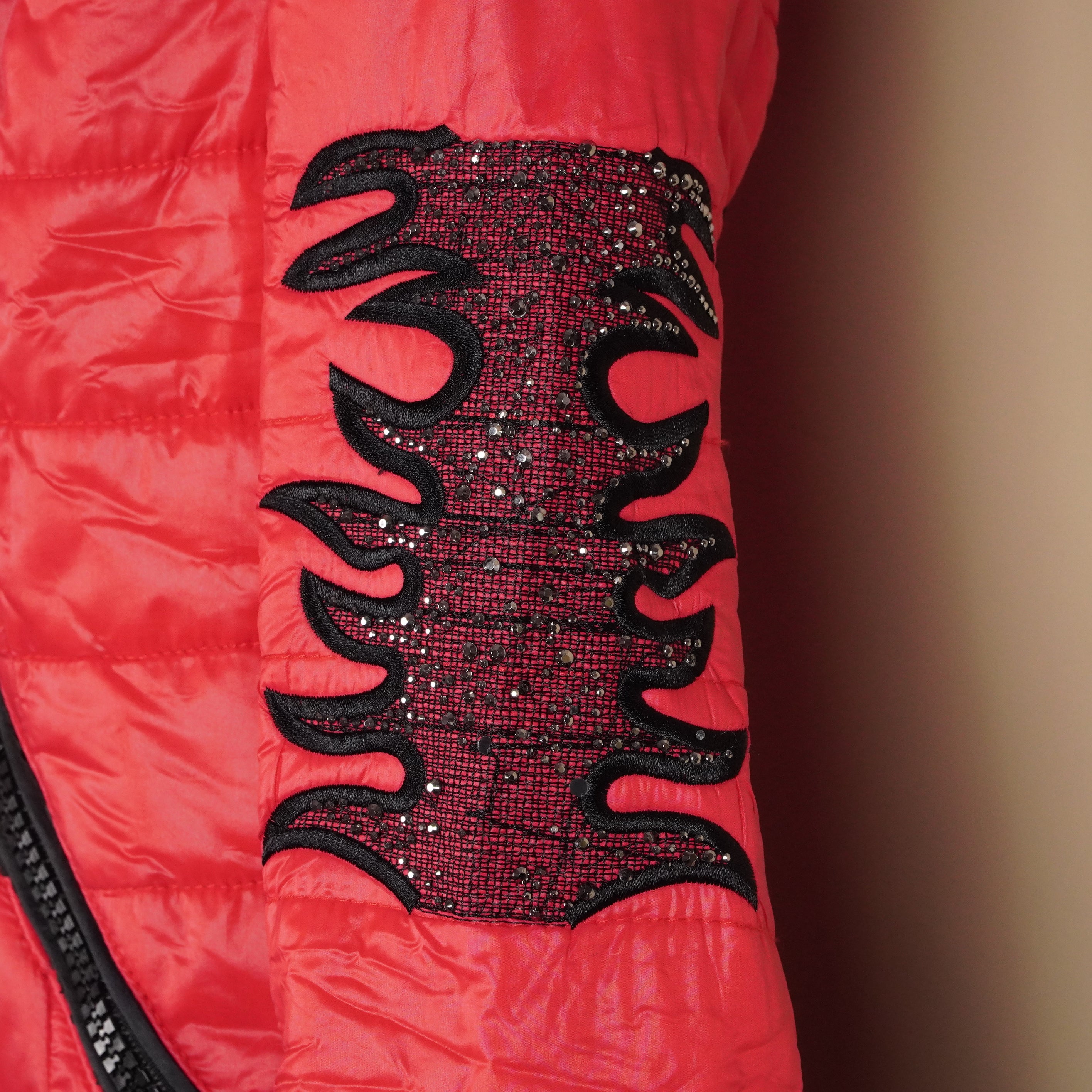 Quilted Hooded Puffer Jacket with Embellished Flame Detailing ( SIZE-S )