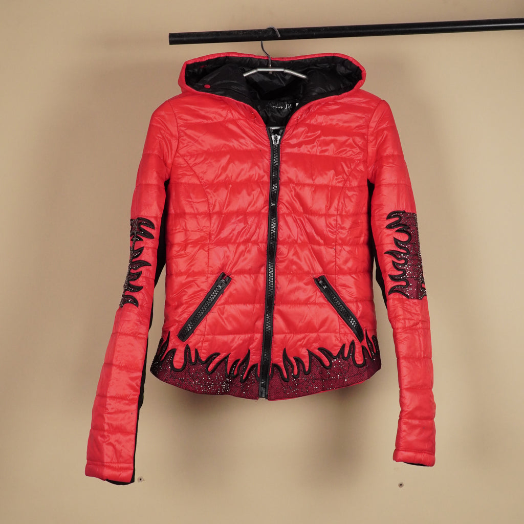 Quilted Hooded Puffer Jacket with Embellished Flame Detailing ( SIZE-S )