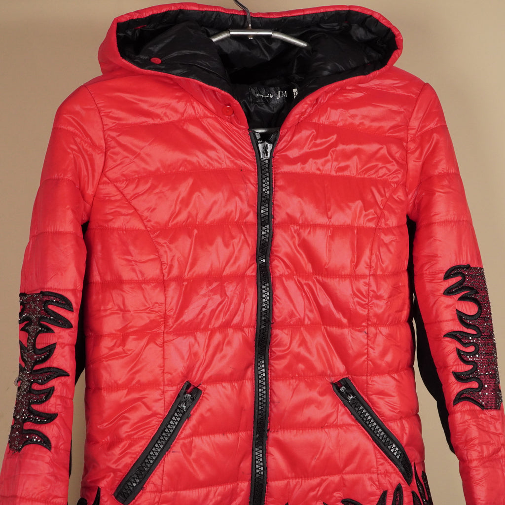 Quilted Hooded Puffer Jacket with Embellished Flame Detailing ( SIZE-S )