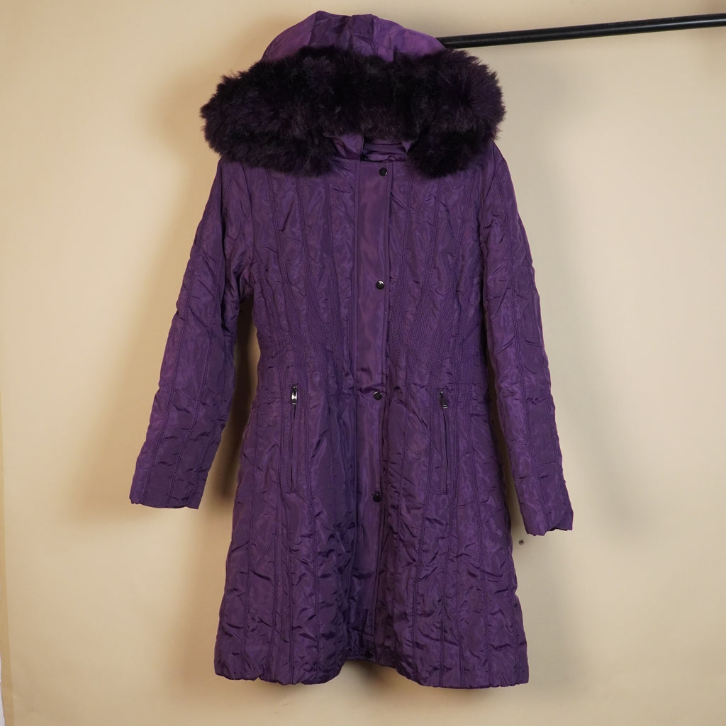 Long Quilted Hooded Winter Coat with Faux-Fur Trim
