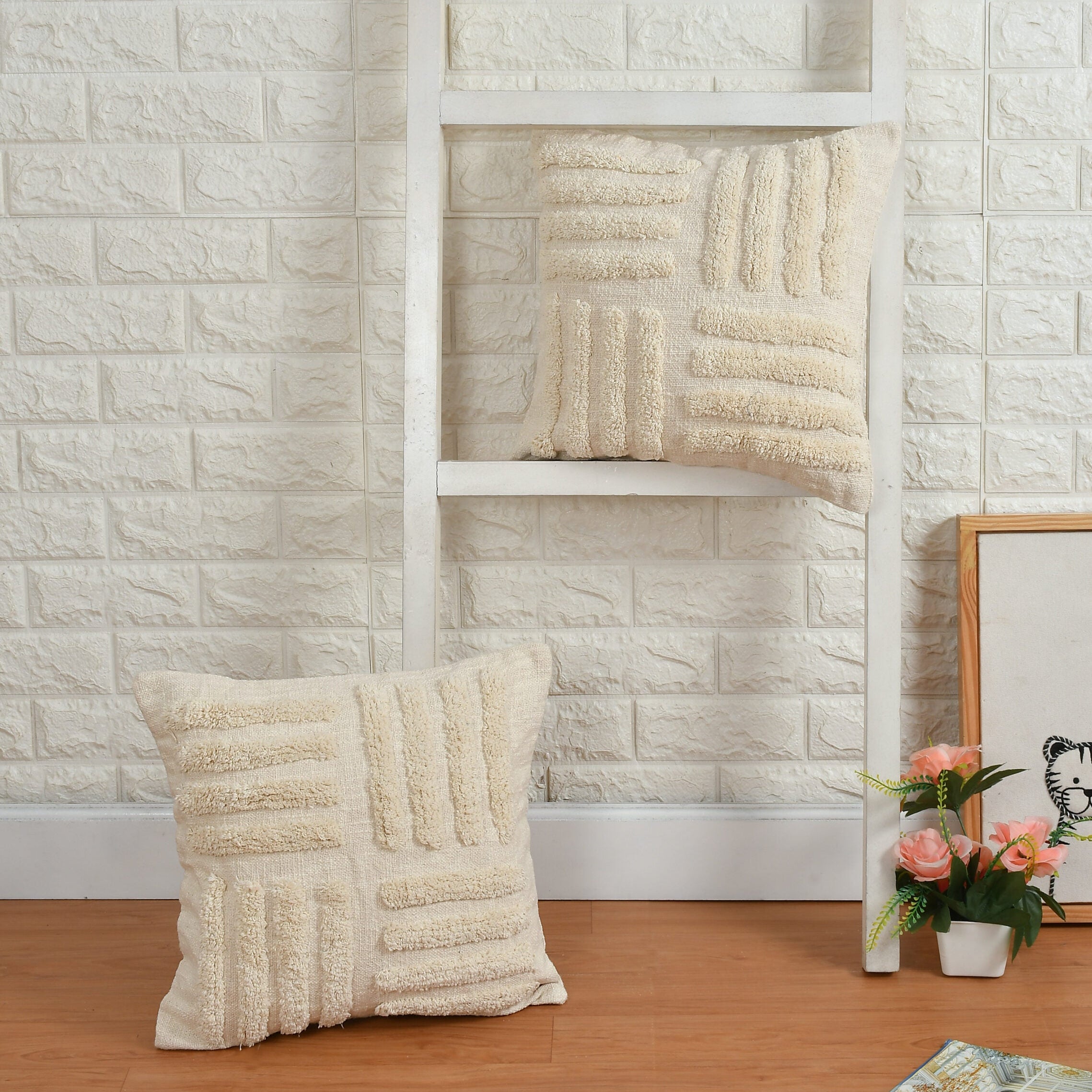 Cream Minimalist Textured Cushion Cover Set – Modern Tufted Decorative Throw Pillows Cover Set for Sofa, Living Room & Bedroom (Pack of 2)