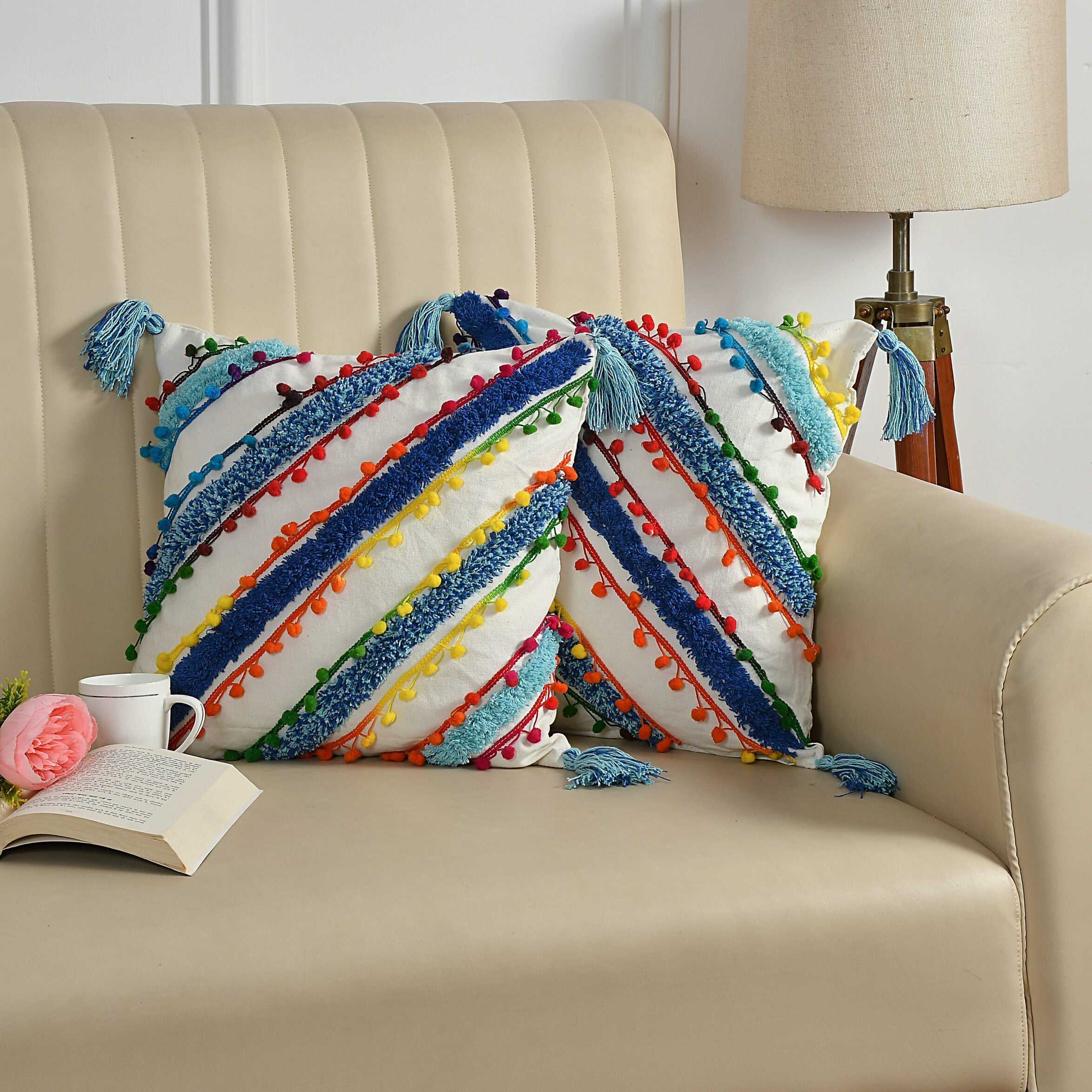 Multicolor Boho Tufted Cushion Cover Set with Tassels – Decorative Throw Pillow Covers for Sofa, Living Room & Bedroom (Pack of 2)