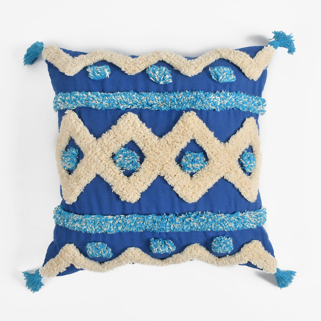 Royal Blue & Cream Boho Tufted Cushion Cover Set – Geometric Textured Decorative Throw Pillows Cover Set with Tassels for Sofa, Living Room & Bedroom (Pack of 2)