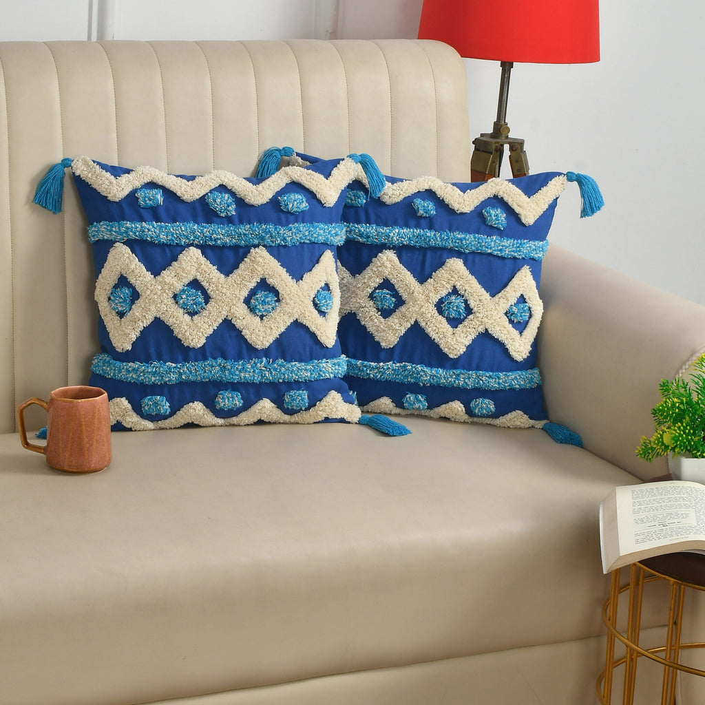 Royal Blue & Cream Boho Tufted Cushion Cover Set – Geometric Textured Decorative Throw Pillows Cover Set with Tassels for Sofa, Living Room & Bedroom (Pack of 2)