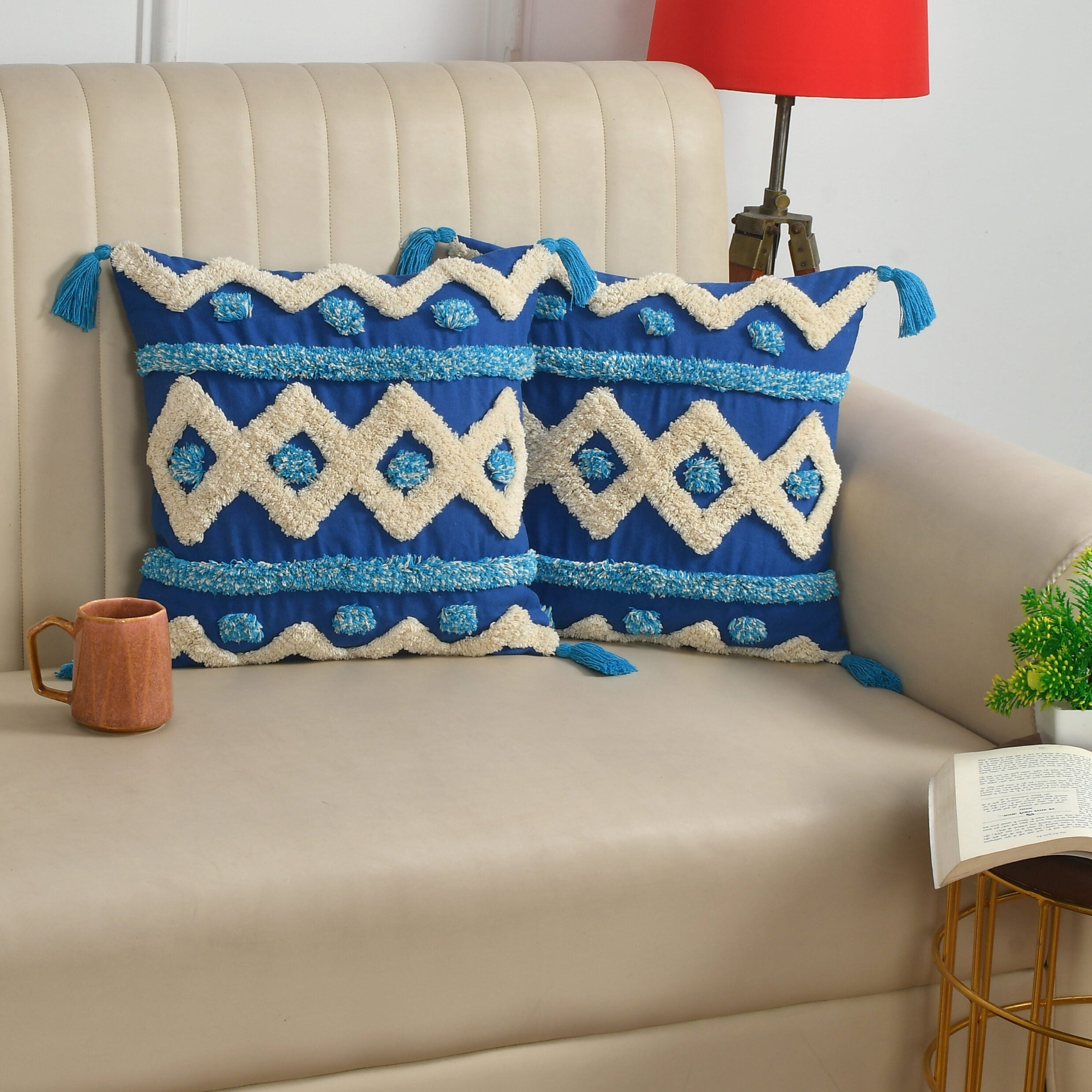 Royal Blue & Cream Boho Tufted Cushion Cover Set – Geometric Textured Decorative Throw Pillows Cover Set with Tassels for Sofa, Living Room & Bedroom (Pack of 2)