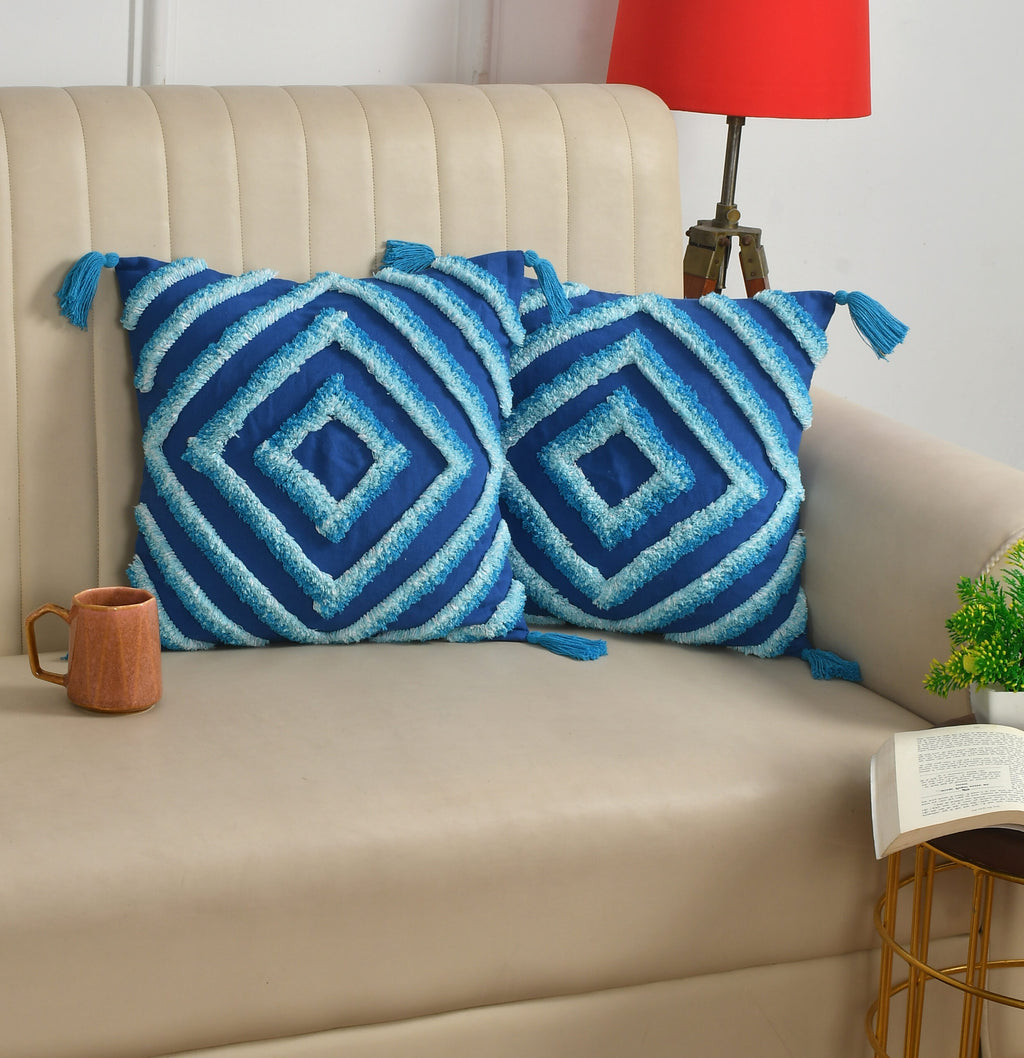 Blue Geometric Tufted Cushion Cover Set – Boho Textured Decorative Throw Pillows Cover Set with Tassels for Sofa, Living Room & Bedroom (Pack of 2)