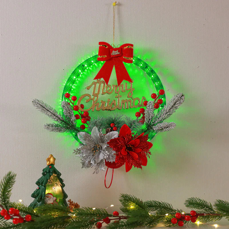 LED Christmas Wreath with Flowers & Red Bow – 30cm