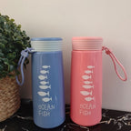 Ocean Fish Print Glass Water Bottle – Cute Portable Drinking Bottle with Strap for School, Office & Travel