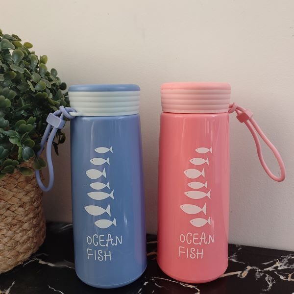 Ocean Fish Print Glass Water Bottle – Cute Portable Drinking Bottle with Strap for School, Office & Travel