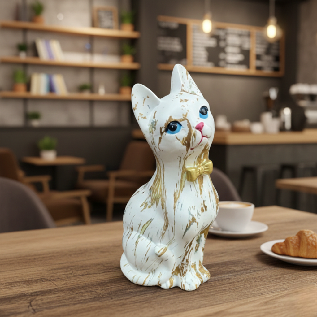 Cute White Cat Showpiece with Golden Finish | Decorative Resin Cat Figurine
