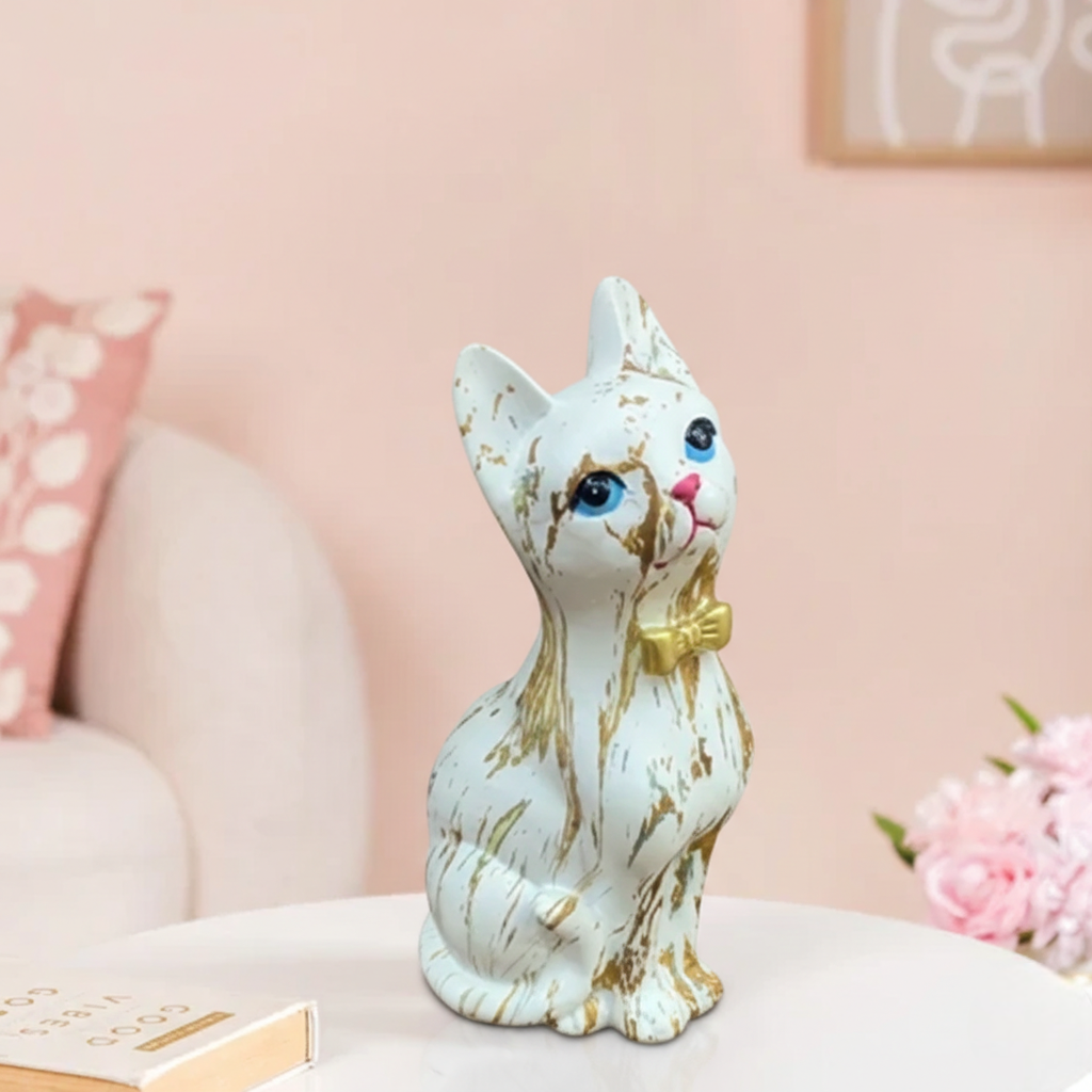 Cute White Cat Showpiece with Golden Finish | Decorative Resin Cat Figurine