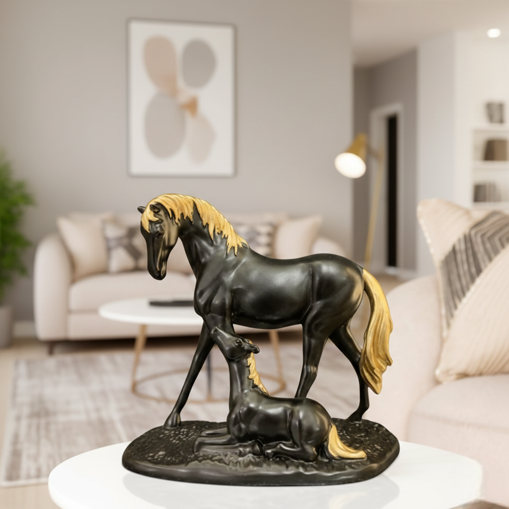 Elegant Horse & Foal Figurine Showpiece – Premium Resin Black & Gold Horse Statue for Home Décor