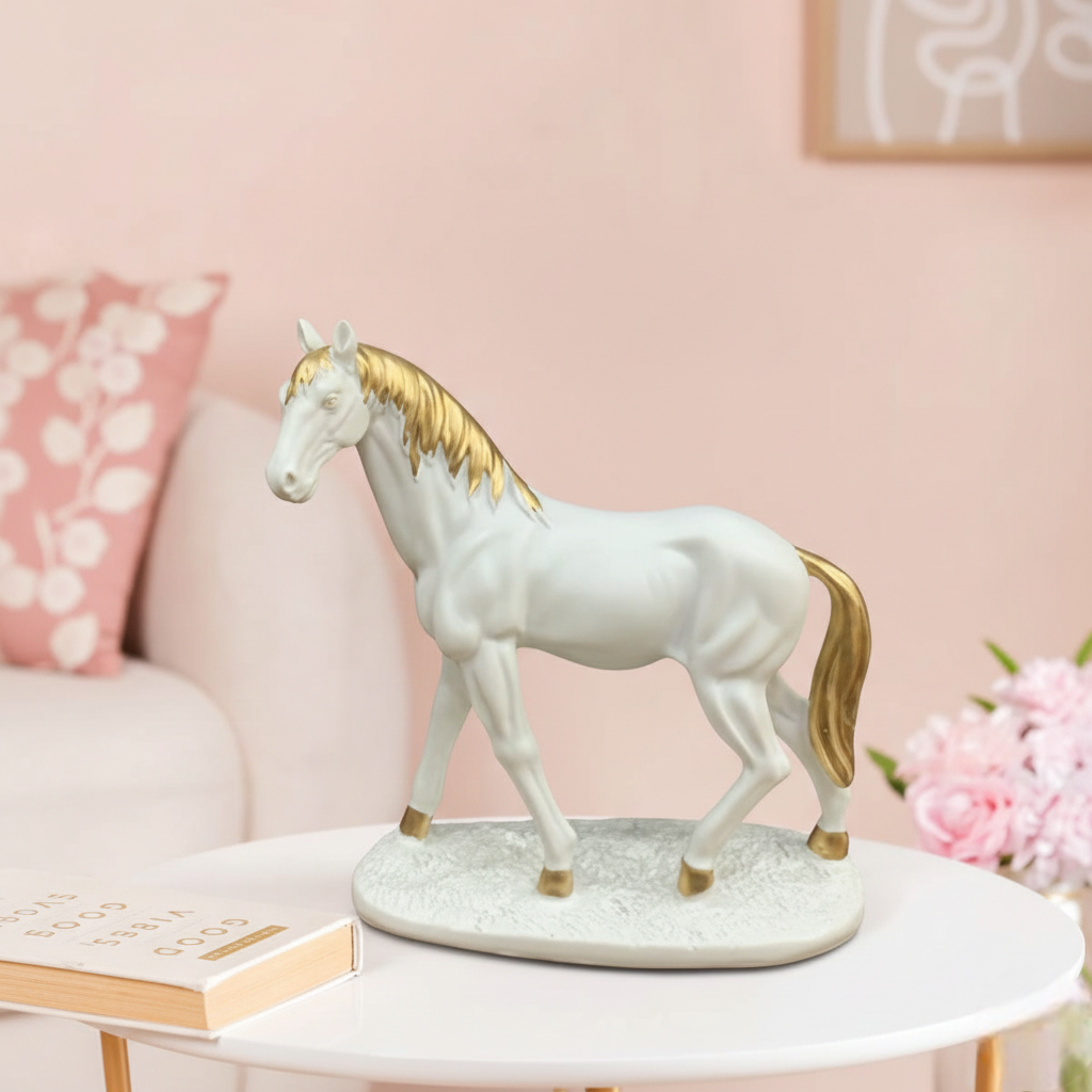 White & Gold Horse Showpiece for Home Décor