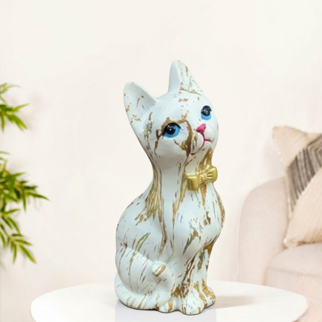 Cute White Cat Showpiece with Golden Finish | Decorative Resin Cat Figurine