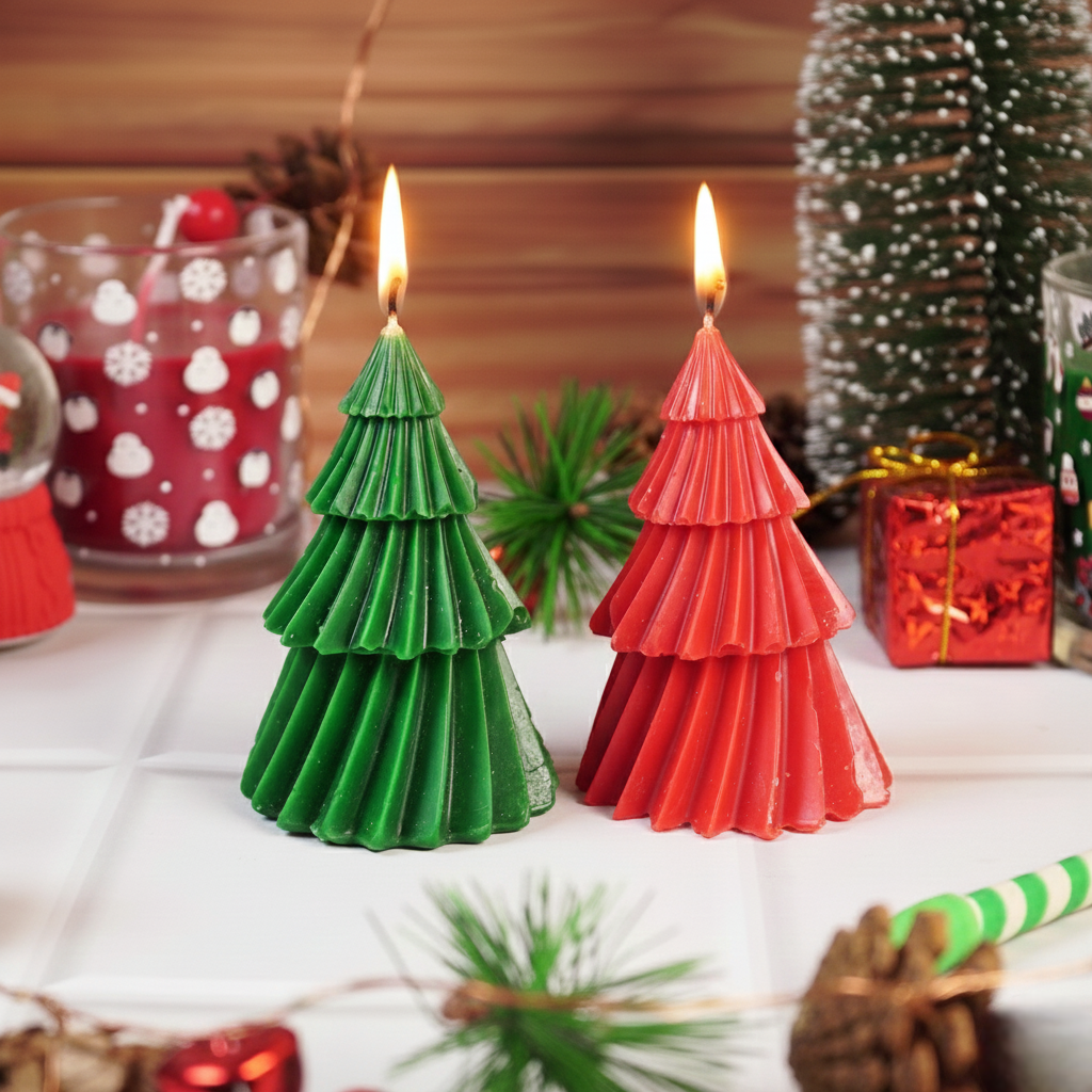 Set-2 Red and Green Christmas Tree Shape Decorative Candle
