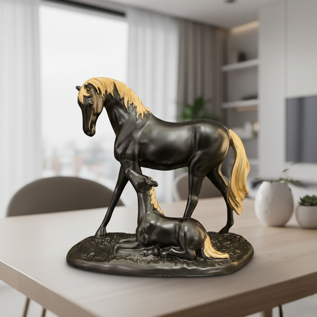 Elegant Horse & Foal Figurine Showpiece – Premium Resin Black & Gold Horse Statue for Home Décor