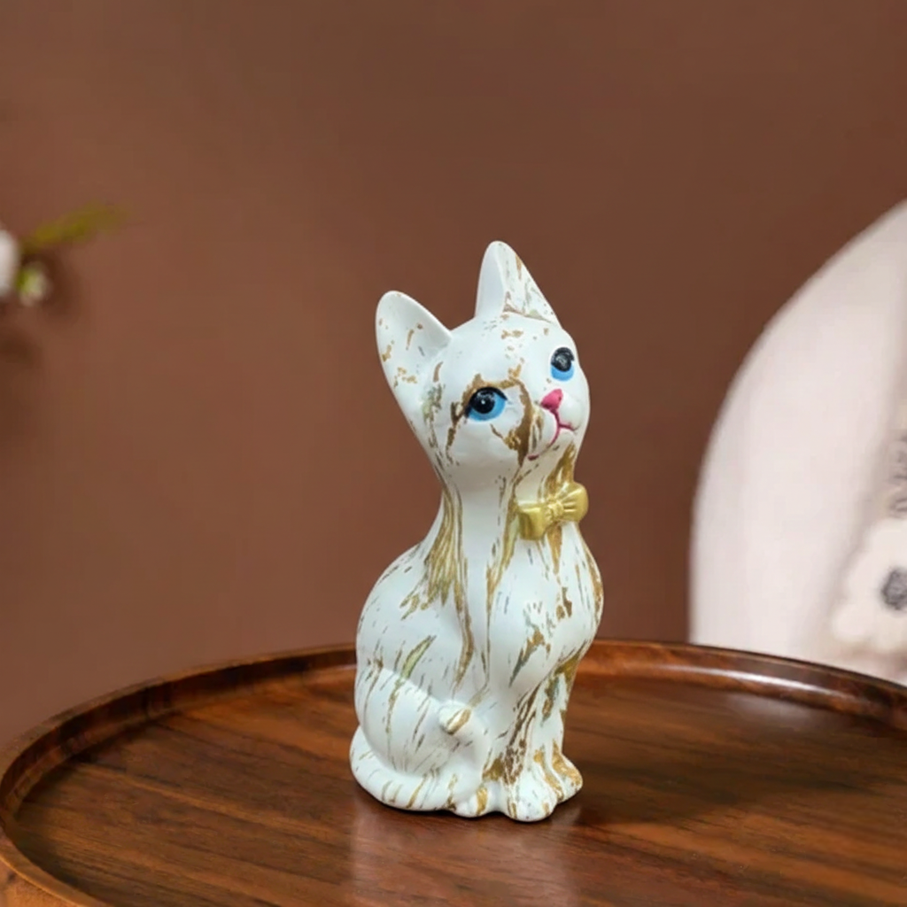 Cute White Cat Showpiece with Golden Finish | Decorative Resin Cat Figurine