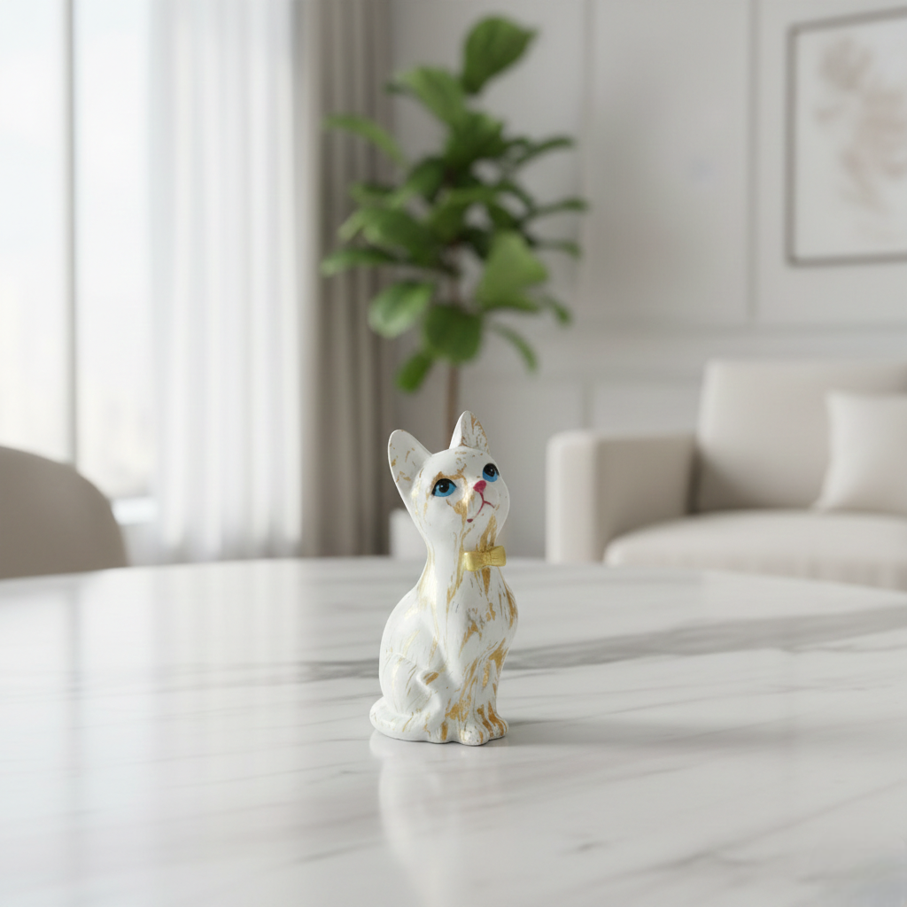 Cute White Cat Showpiece with Golden Finish | Decorative Resin Cat Figurine