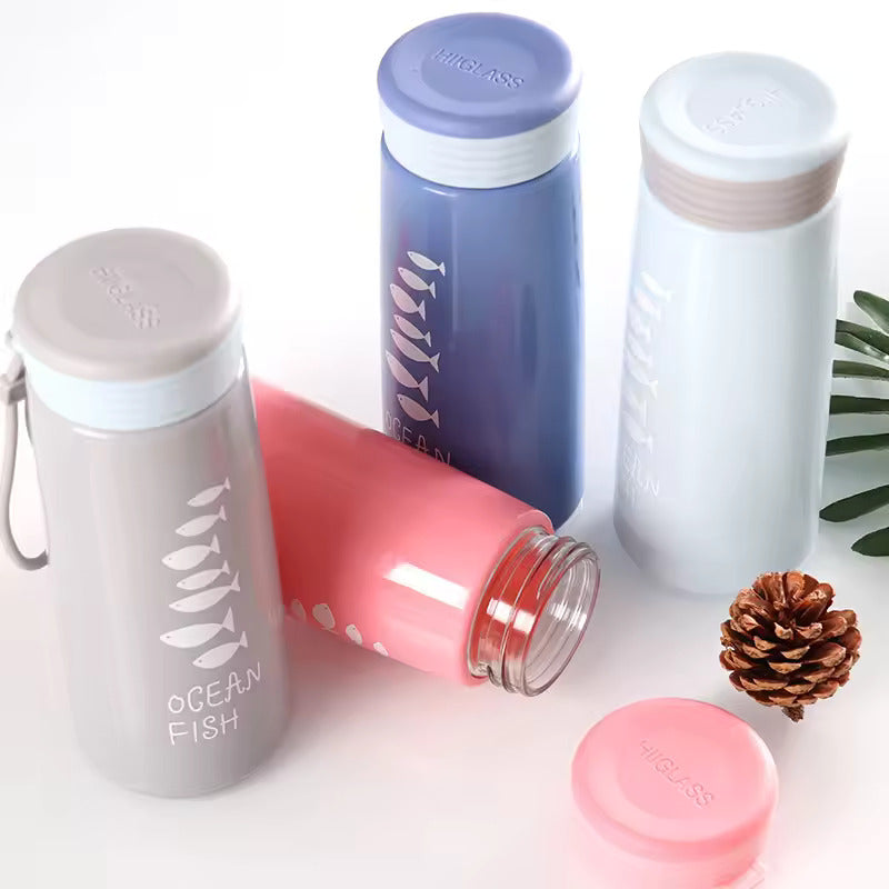 Ocean Fish Print Glass Water Bottle – Cute Portable Drinking Bottle with Strap for School, Office & Travel